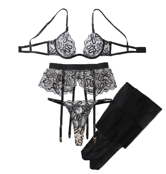 Fashion Snake Pattern Embroidered Ribbon Stockings Body Shaping Thin Underwear Set