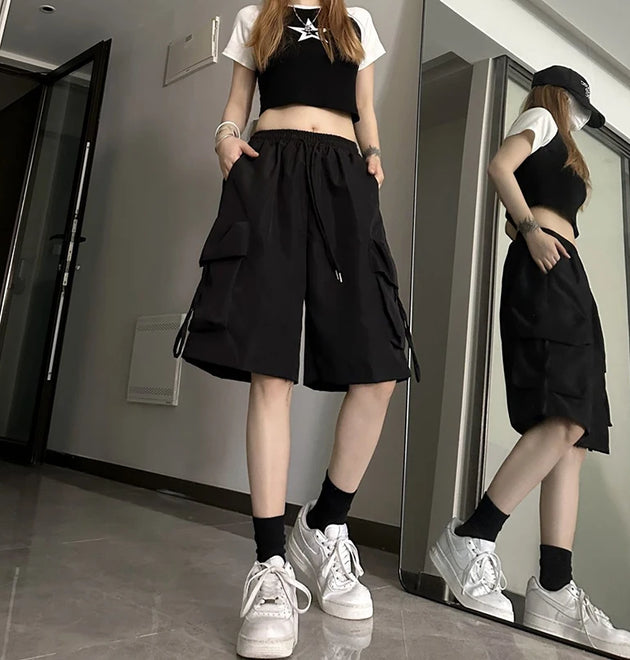 ZOKI Women High Waist Cargo Shorts American Style Streetwear Summer Wide Leg Pant
