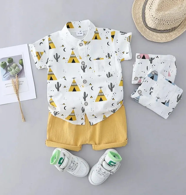 Cotton Random Full Print Triangle Pattern Short Sleeved Stand up Collar Shirt and Shorts Set