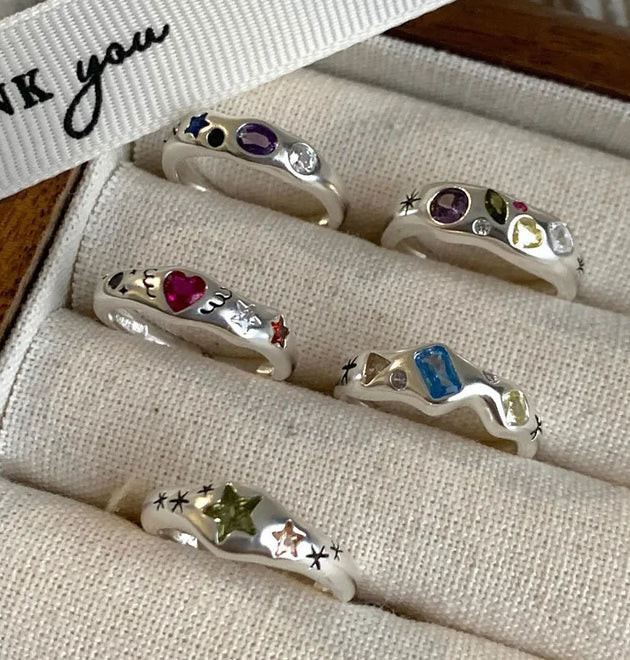 Kpop Colorful Zircon Star Rings for Women Irregular Metal Ring Retro Index Finger Aesthetic Jewelry Hip Hop Girls Accessories