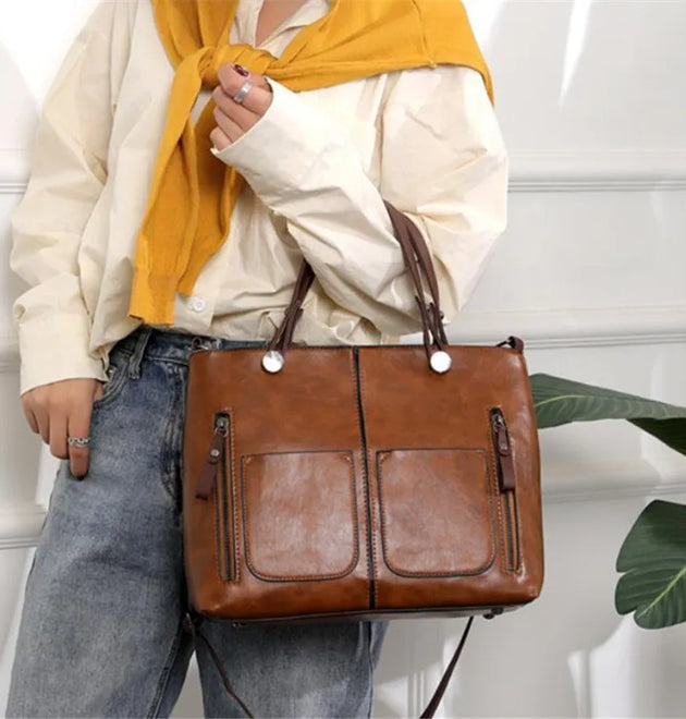Retro Leather Handbag and Two Pocket Zipper Tote Classic Crossbody Bags