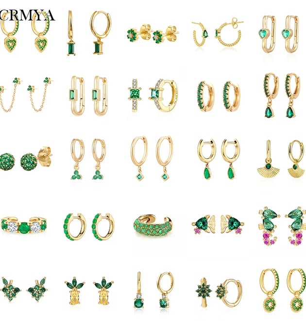 CRMYA Gold Plated Hoop Stud Drop Clip Earrings For Women Gold Silver Filled Green Zircon Women's Earrings 2022 Jewelry Wholesale