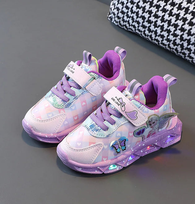 Disney LED Casual Sneakers For Spring Girls Pu Leather Shoes