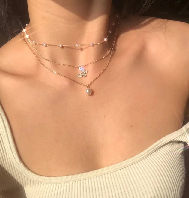 3pc Suit Golden Multilayer Necklace Decorated with Imitation Pearl Clavicle Chain Creative Simple Butterfly Pendant Necklace New