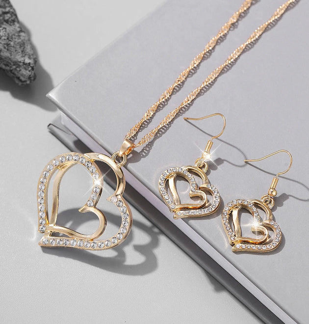 1 Pair Of Earrings + 1 Necklace French Romantic Style Jewelry Set Sparkling Heart Design Silvery Or Golden Make Your Call Gift F