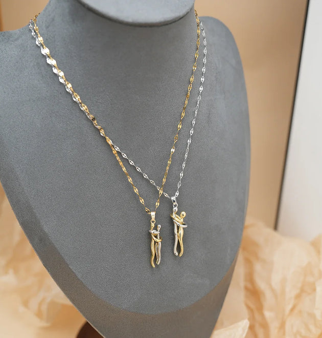 FTCY Stainless Steel Couple Hugging Necklace Pendant for Women Men Gold Silver Color Couple Love Chain Friend Gift Party Jewelry