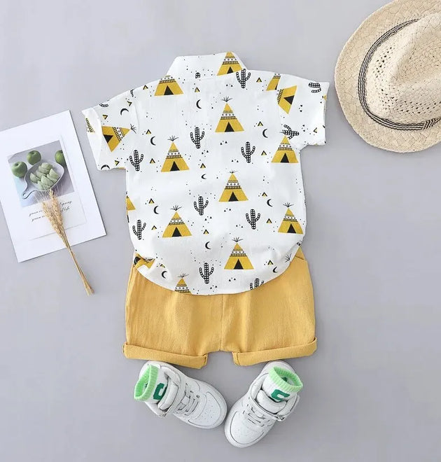 Cotton Random Full Print Triangle Pattern Short Sleeved Stand up Collar Shirt and Shorts Set