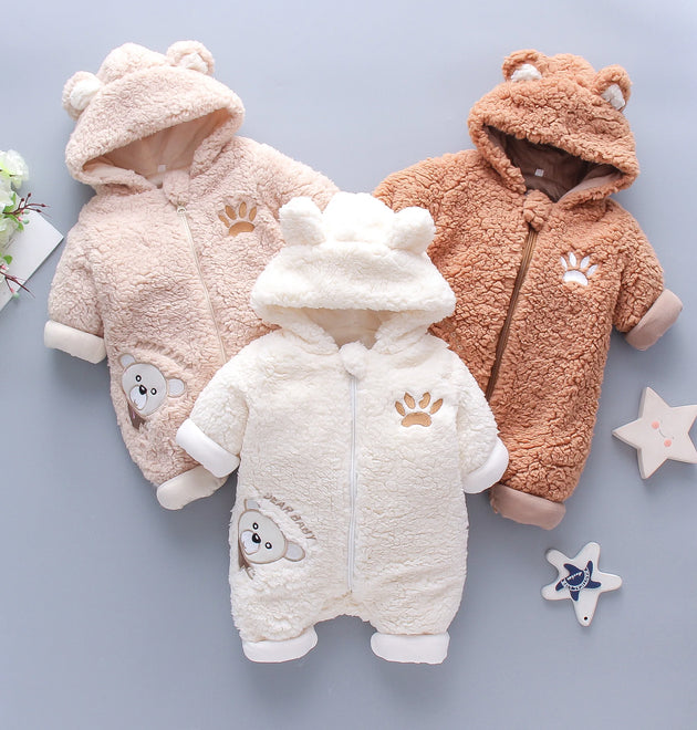 Lamb hair cartoon bear embroidered baby jumpsuit winter new girl baby long sleeved crawling suit thickened girl