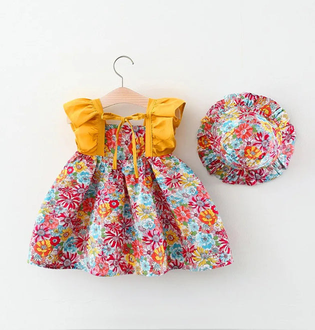 2 Pcs Baby Girl Summer New Dress Sweet Fragmented Flower Flying Sleeves Princess Dress Comes with Hat Suitable for Aged 80-110