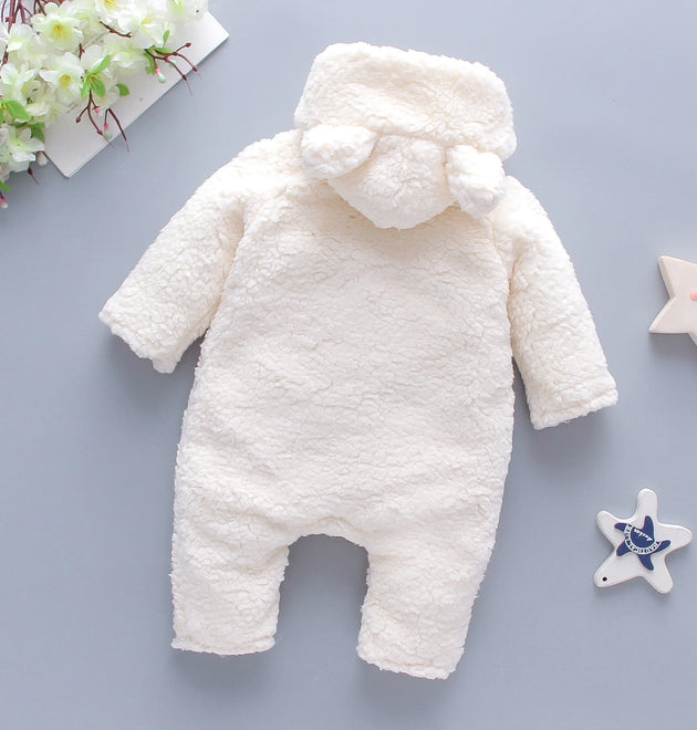 Lamb hair cartoon bear embroidered baby jumpsuit winter new girl baby long sleeved crawling suit thickened girl