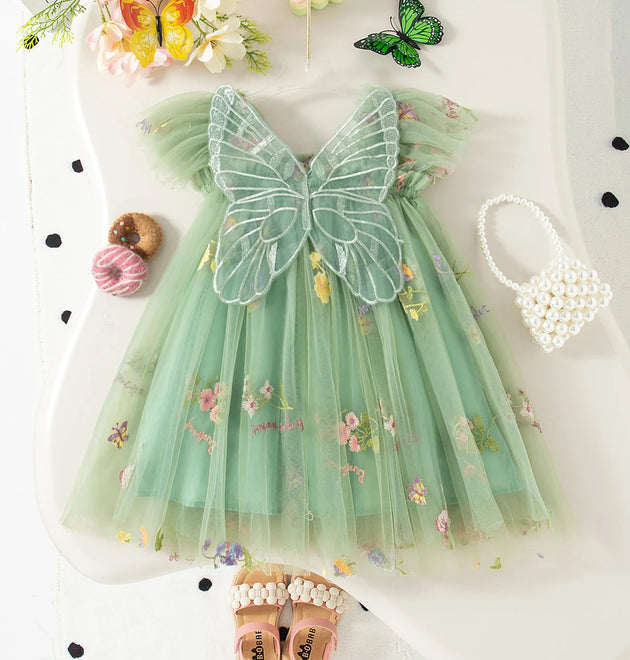 Summer New Korean Flower Embroidered Girls' Mesh Skirt Flying Sleeve Princess Dress