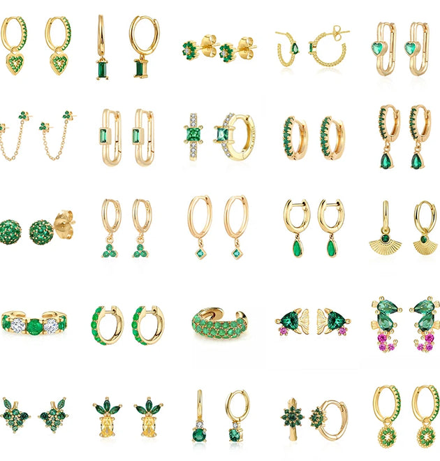 CRMYA Gold Plated Hoop Stud Drop Clip Earrings For Women Gold Silver Filled Green Zircon Women's Earrings 2022 Jewelry Wholesale