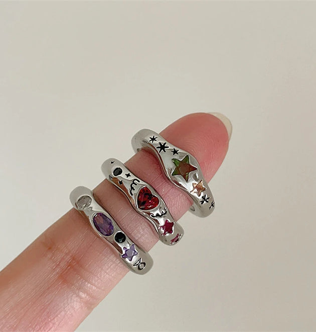 Kpop Colorful Zircon Star Rings for Women Irregular Metal Ring Retro Index Finger Aesthetic Jewelry Hip Hop Girls Accessories