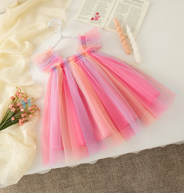 Kids Girl Rainbow Tutu Dress Baby Butterfly Wings Costume Birthday Dress