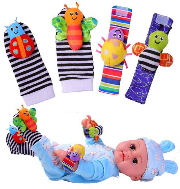 4Pcs Baby Toy 0-12 Months Baby Rattles Toys Animal Socks Wrist Strap +Rattle Baby Foot Socks Bug Wrist Strap Toddler Socks