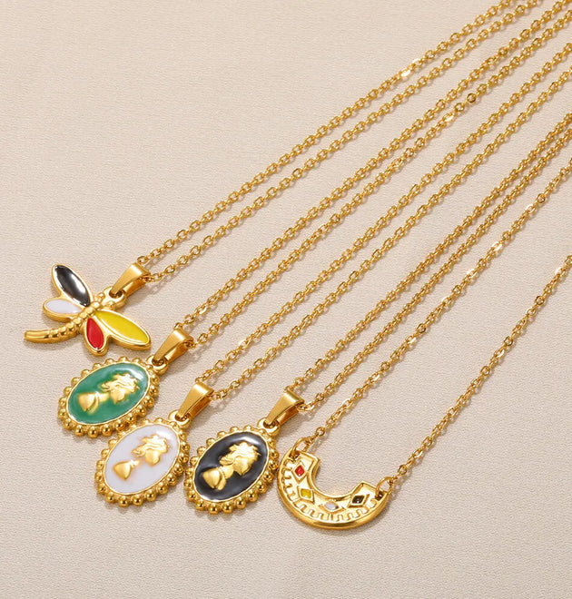 Waterproof Dragonfly Rainbow Oval Jewelry Vintage Gold Color Necklace