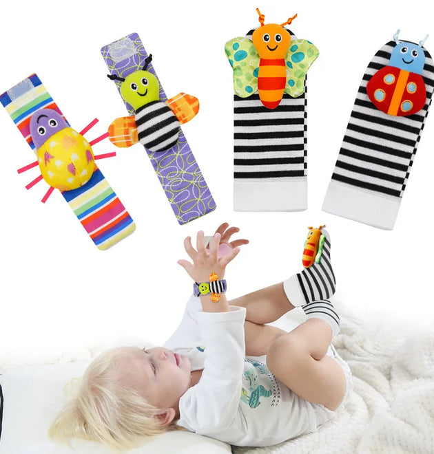 4Pcs Baby Toy 0-12 Months Baby Rattles Toys Animal Socks Wrist Strap +Rattle Baby Foot Socks Bug Wrist Strap Toddler Socks
