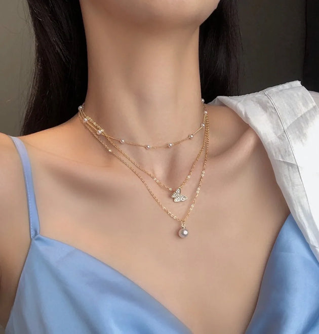 3pc Suit Golden Multilayer Necklace Decorated with Imitation Pearl Clavicle Chain Creative Simple Butterfly Pendant Necklace New