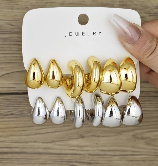 6pcs Chunky Gold Plated Waterdrop Hoop Earring Set For Women European and American Minimalist Smooth Circle Drop Earring Jewelry