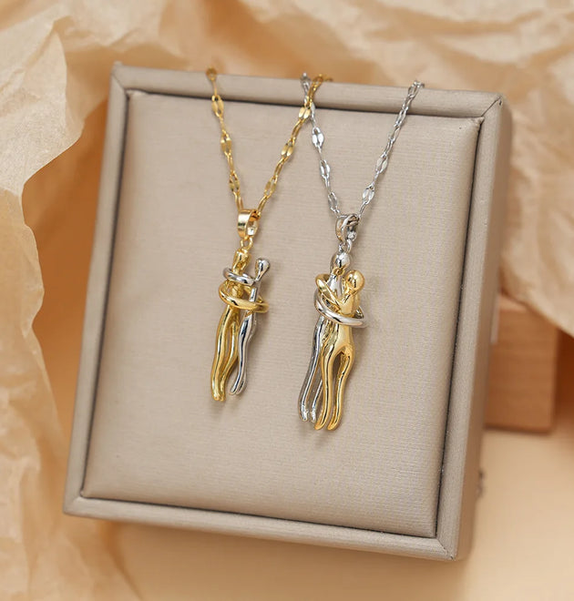 FTCY Stainless Steel Couple Hugging Necklace Pendant for Women Men Gold Silver Color Couple Love Chain Friend Gift Party Jewelry
