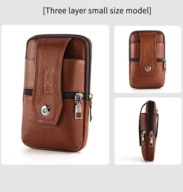 Men Leather Waist Bag Large Capacity Belt Bag Brown Shoulder Bags Crossbody Bags Multi-layer Buckle Mobile Phone Bag Bum Pouch