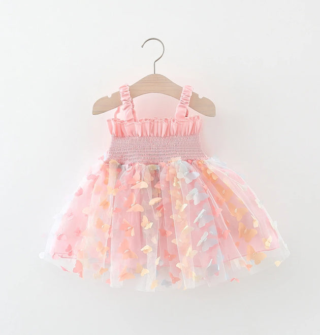 Summer girl's camisole dress with rainbow butterfly print mesh patchwork butterfly wings sleeveless fluffy skirt