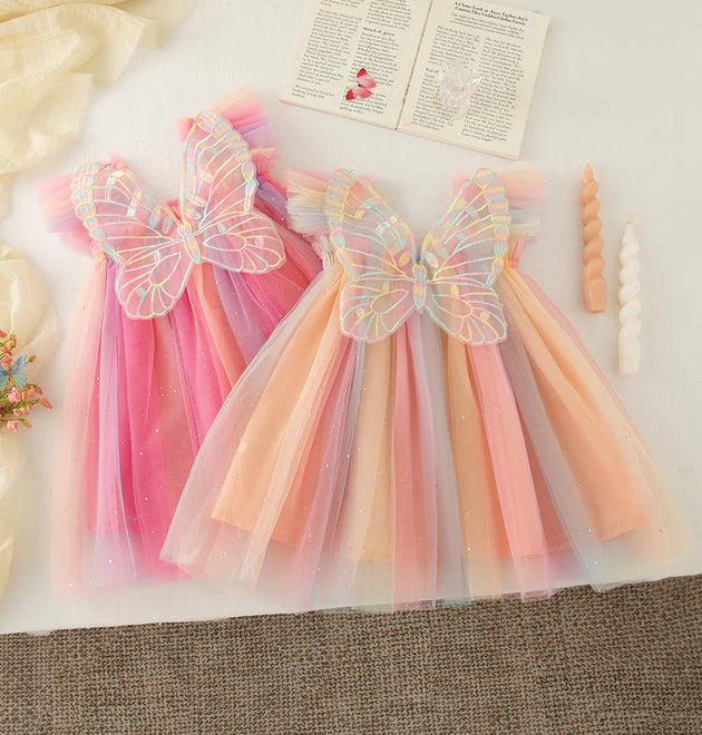 Kids Girl Rainbow Tutu Dress Baby Butterfly Wings Costume Birthday Dress