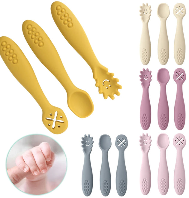 3PCS Silicone Spoon Fork For Baby Utensils Set Feeding Food Toddler