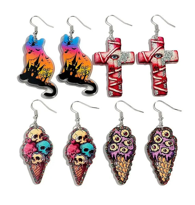 Newest Halloween Acrylic Earrings for Women Gothic Eyeballs Skull Ice Cream Cat Blood Cross Drop Earring Hallowmas Jewelry Gifts