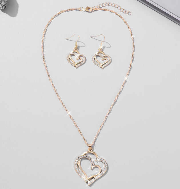 1 Pair Of Earrings + 1 Necklace French Romantic Style Jewelry Set Sparkling Heart Design Silvery Or Golden Make Your Call Gift F