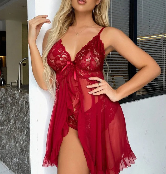 2 Pieces Women's Sleepshirts Lace Lingerie Set Semi-transparent V-Neck Thong Underwear for Women Exquisite Tulle Nightgown Set