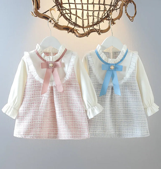 Spring And Autumn Bow Lace Splicing Small Plaid Sweet Long Sleeved Dress