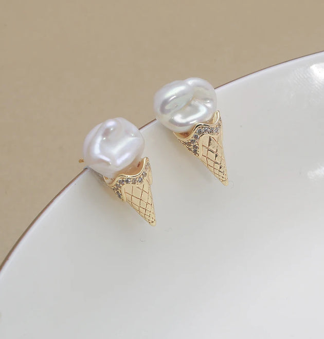Summer freshness 925 Sterling Silver  Ice Cream Stud Earrings with Natural freshwater
