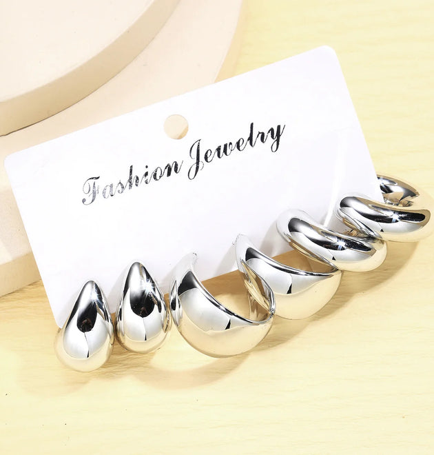 6pcs Chunky Gold Plated Waterdrop Hoop Earring Set For Women European and American Minimalist Smooth Circle Drop Earring Jewelry