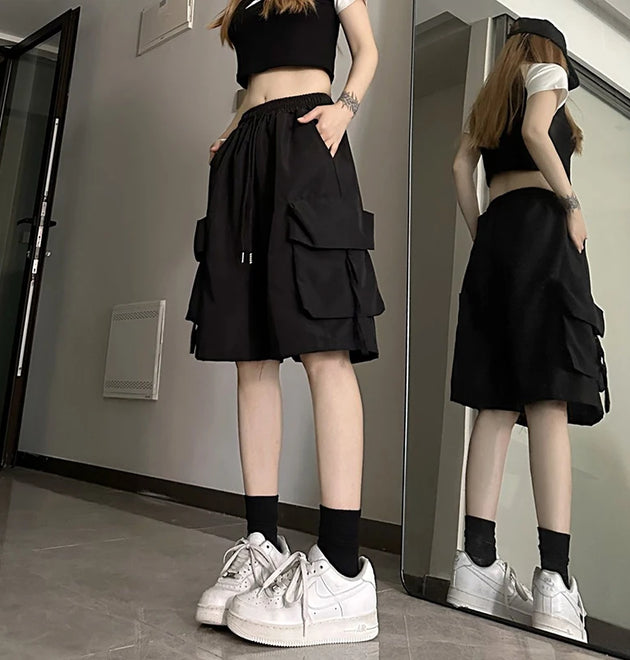 ZOKI Women High Waist Cargo Shorts American Style Streetwear Summer Wide Leg Pant