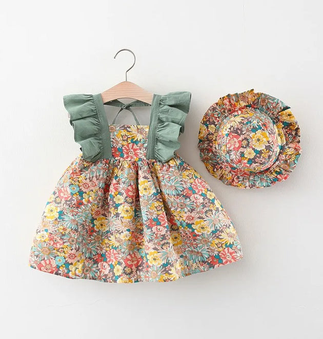 2 Pcs Baby Girl Summer New Dress Sweet Fragmented Flower Flying Sleeves Princess Dress Comes with Hat Suitable for Aged 80-110