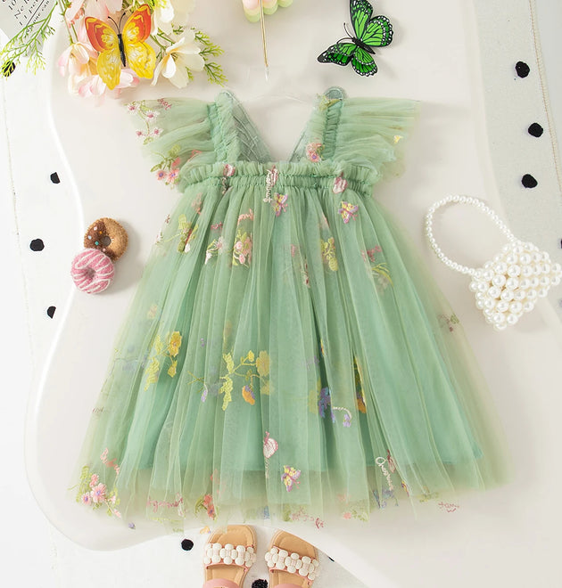 Summer New Korean Flower Embroidered Girls' Mesh Skirt Flying Sleeve Princess Dress