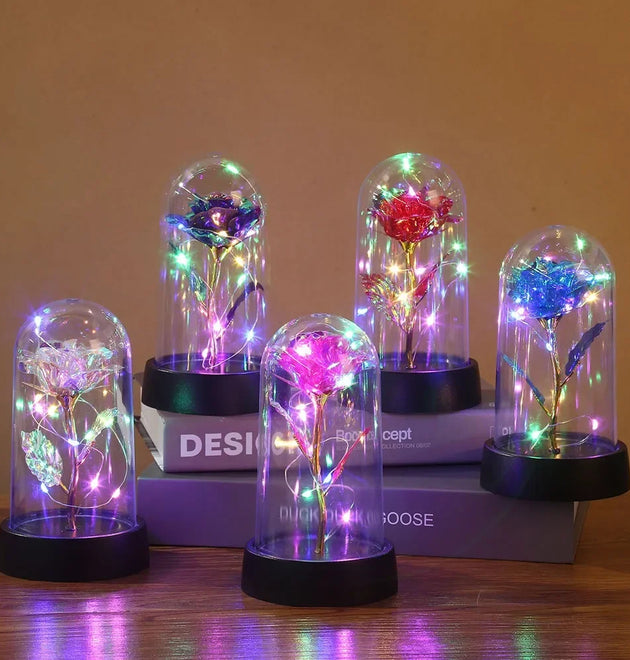 Valentines Day Gift for Girlfriend Eternal Rose LED Light Foil Flower In Glass Cover