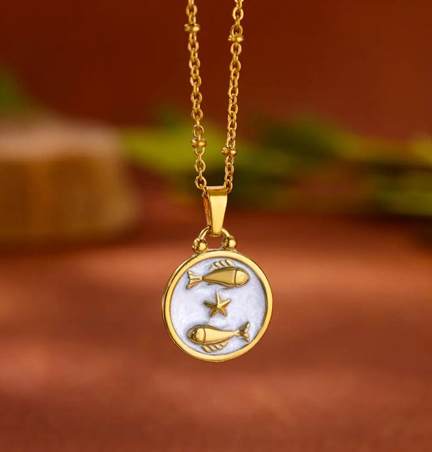 Trendy Gold Color Pisces Round Pendant Stainless Steel Necklaces