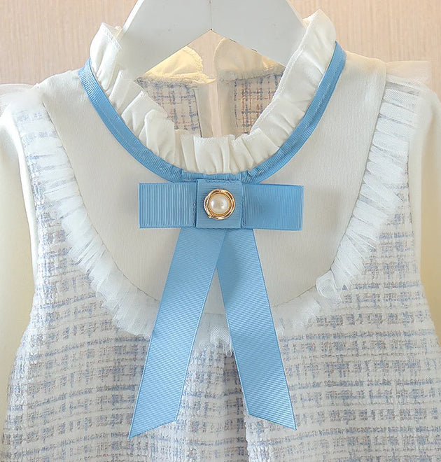 Spring And Autumn Bow Lace Splicing Small Plaid Sweet Long Sleeved Dress