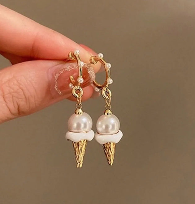 Sweet Pearl Ice Cream Dangle Earrings Fun Cone Food Earrings