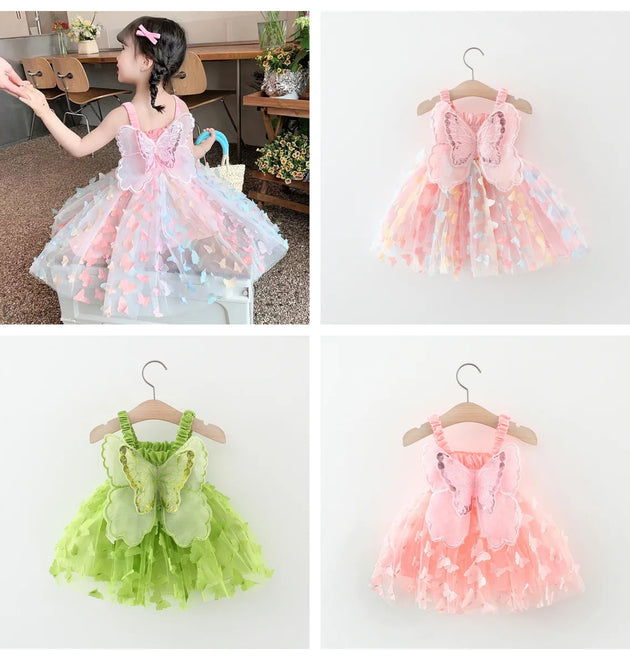 Summer Toddler 3d Fairy Butterfly Wings Hanging Strap Mesh Cute Dress