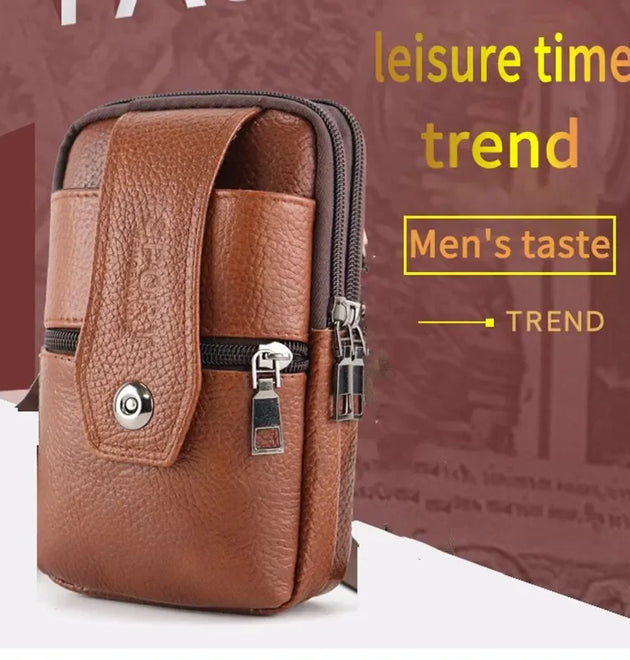 Men Leather Waist Bag Large Capacity Belt Bag Brown Shoulder Bags Crossbody Bags Multi-layer Buckle Mobile Phone Bag Bum Pouch