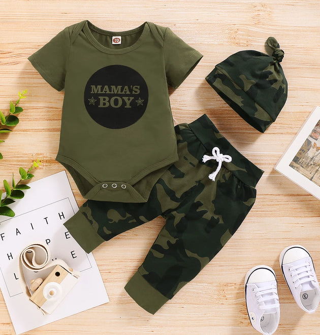 Newborn Baby Boy Summer Clothes Set Letters Short Sleeve Romper +Camouflage Pants+Hat 3pcs Outfits for Toddler Boy 0-18 Months