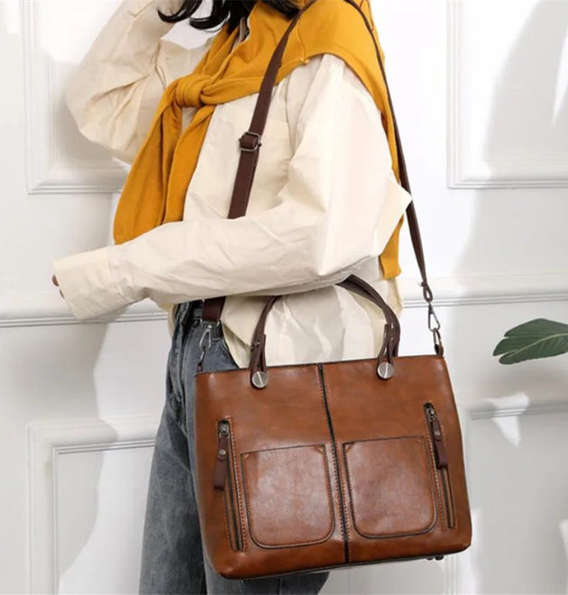 Retro Leather Handbag and Two Pocket Zipper Tote Classic Crossbody Bags