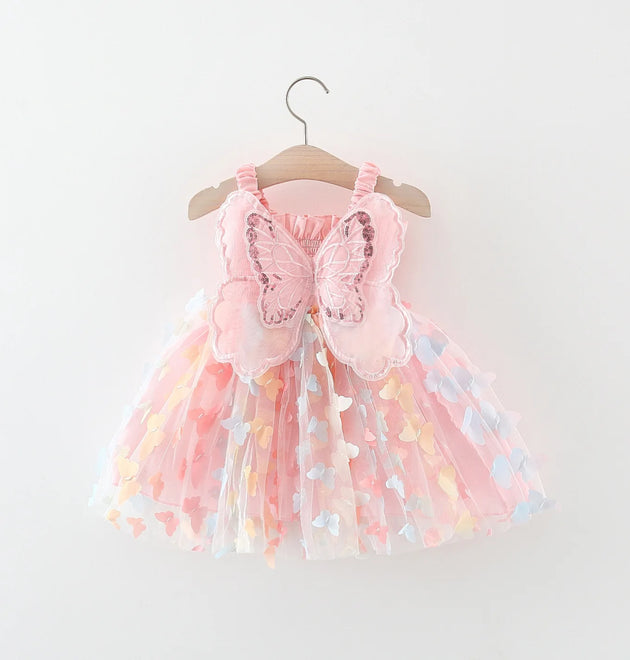 Summer Toddler 3d Fairy Butterfly Wings Hanging Strap Mesh Cute Dress